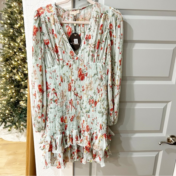 NWT By Timo Plisse Dress Mini Smocked Long Sleeve in Rose Garden Floral - Picture 3 of 6